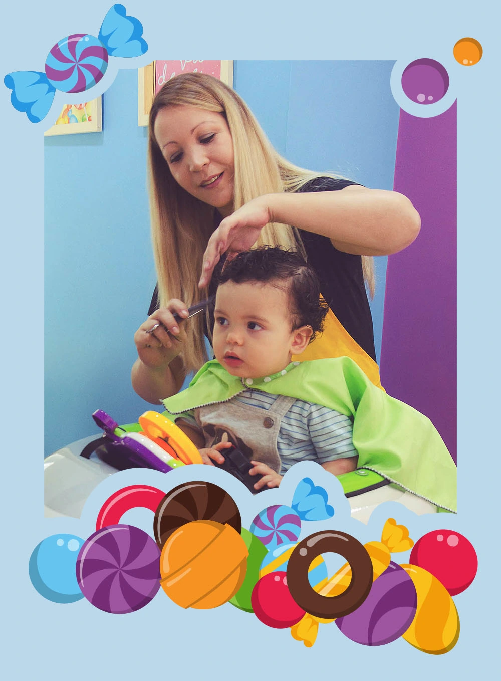 Criança no salão Candy Hair, em uma composição com doces coloridos