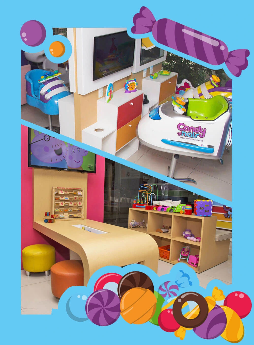 Atendimento infantil no Candy Hair, com decoração de doces